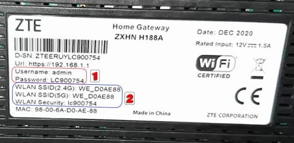 الاسم وكلمة السر الافتراضية لراوتر WE-VDSL ZTE ZXHN H188A